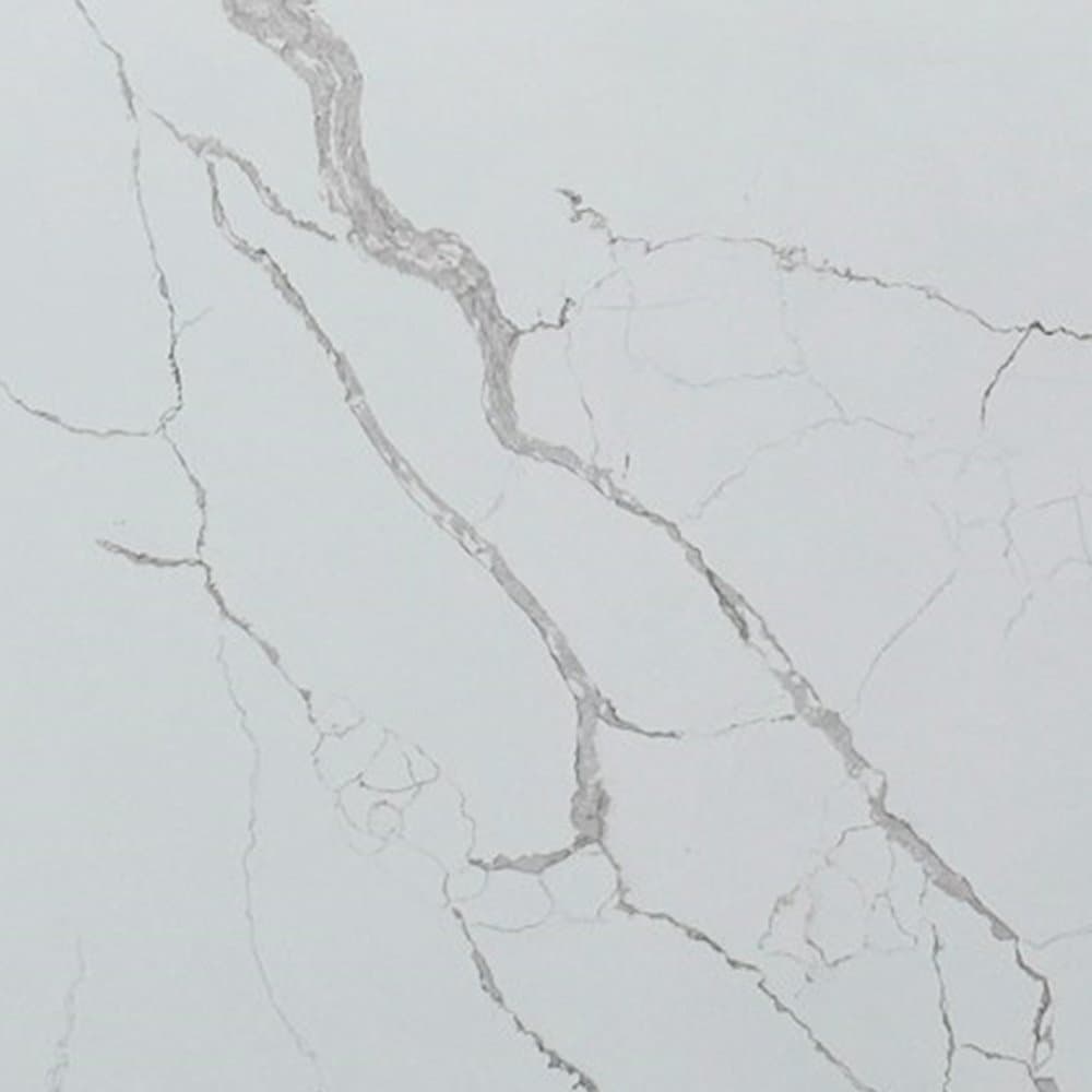 White quartz swatch with bold grey veining in the Calacatta marble style